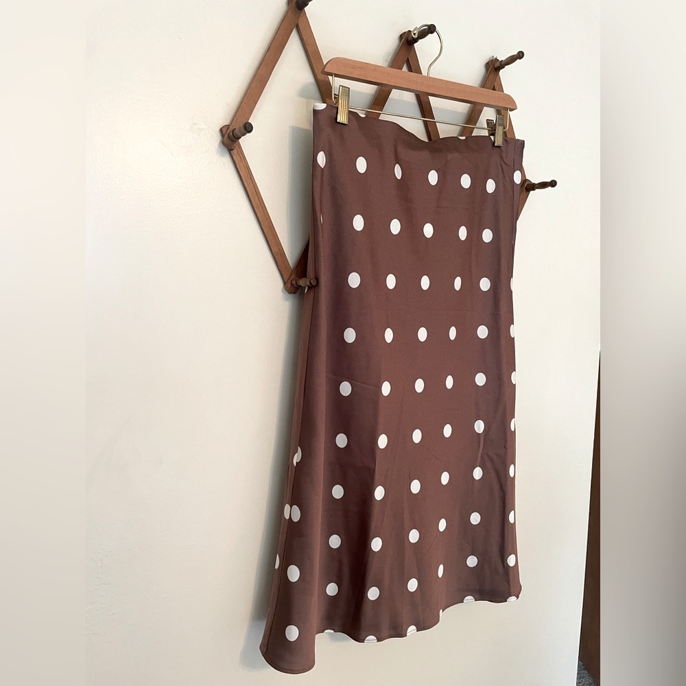 LOFT | Brown Silk like soft Polka Dot Midi elastic waist Skirt | Size M